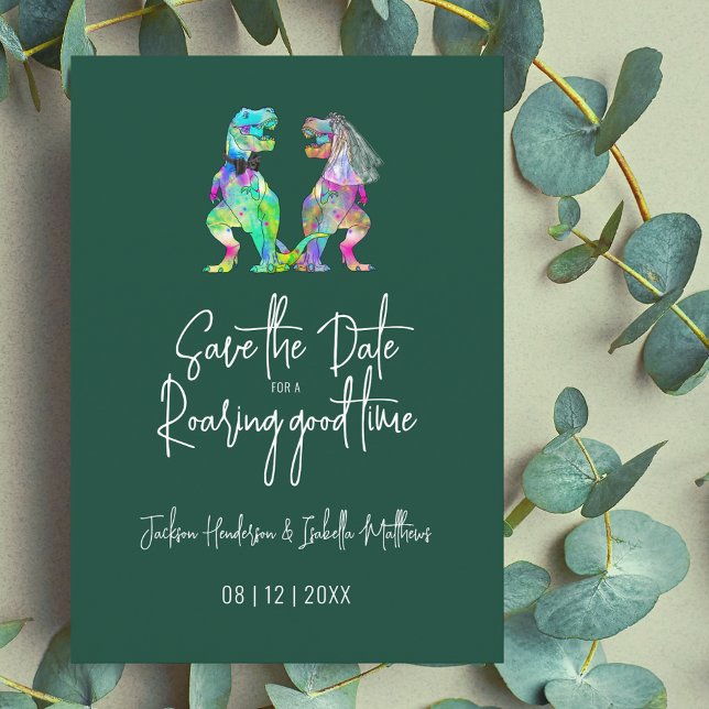 Reserve A Data Dinossaur Wedding Funny T-Rex Bride and Groom (Dinosaur bride and groom colorful watercolor dino wedding save the date dark green invitation)