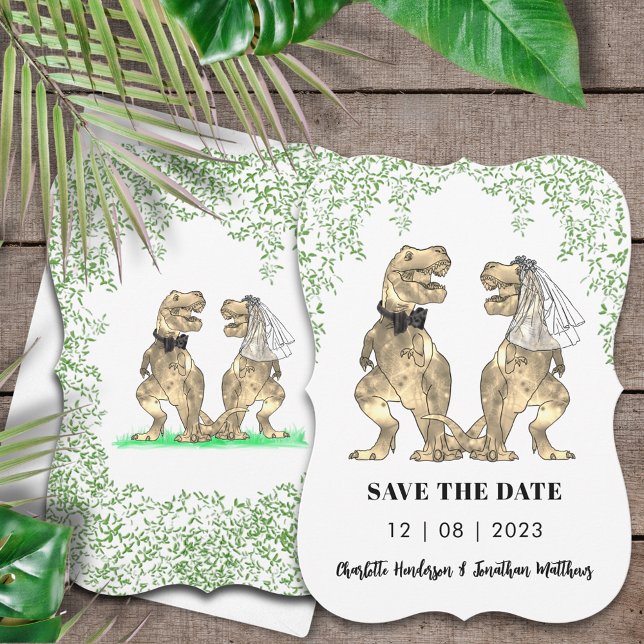 Reserve A Data Dinossaur Wedding T-Rex Bride and Groom (Dinosaur wedding save the date invitation with T-Rex bride & groom Jurassic jungle foliage )