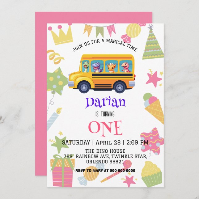 Reserve A Data Dinossauro engraçado de volta ao bolo de ônibus es (Frente/Verso)