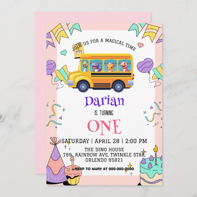 Reserve A Data Dinossauro engraçado de volta ao bolo de ônibus es (Frente/Verso)