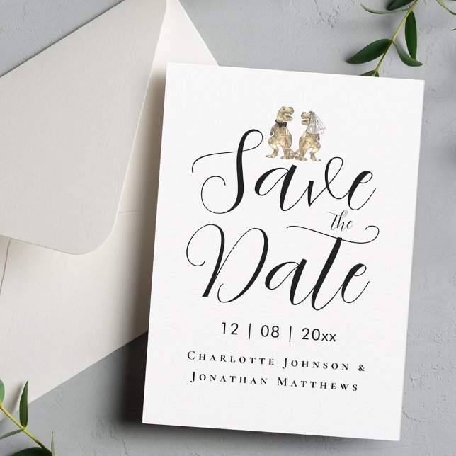 Reserve A Data Dinossauro Engraçado Moderno Foi Um Casamento Prev (Funny dinosaur theme wedding save the date invitation elegant script T-Rex dino bride and groom)