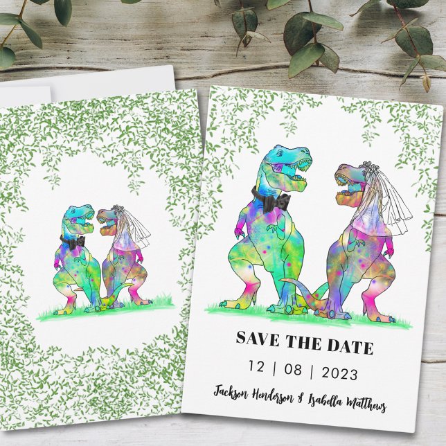 Reserve A Data Dinossauro Foi Uma Diversão De Casamento (Funny dinosaur wedding save the date invitation with colorful T-Rex bride and groom )