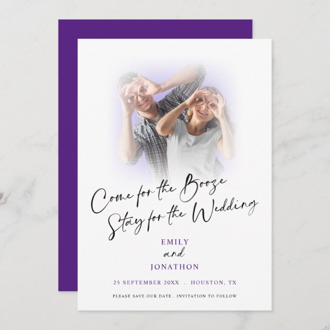 Reserve A Data Divertido Vir Para Booze Foto Roxo Salvar Data (Frente/Verso)