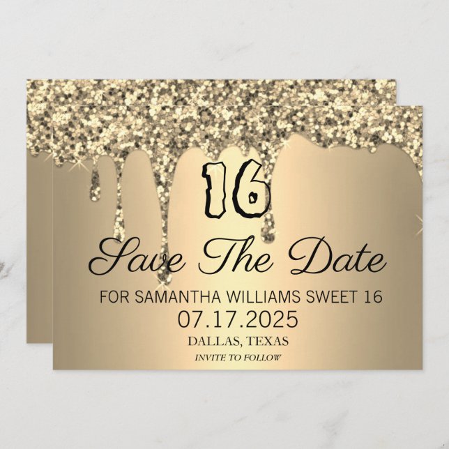 Reserve A Data Doce 16 Bebidas com Glitter Sparkle Dourado de Ani (Frente/Verso)