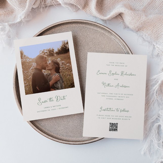 Reserve A Data Doce marfim e sábio | Código de foto e QR (An elegant, ivory cream save the date card with sage green text)