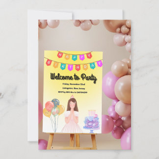 Reserve A Data Doce Menina de Aniversário com Balões e Bolo Th