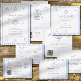 Reserve A Data Doodle de Código QR Desenhado à Mão Azul Francês C