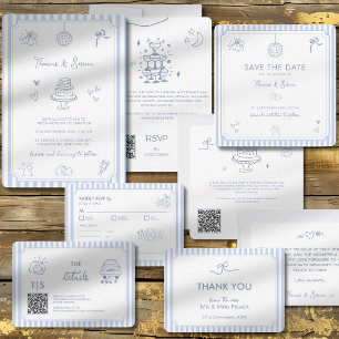 Reserve A Data Doodle de Código QR Desenhado à Mão Azul Francês C