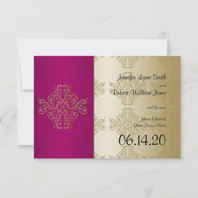 Reserve A Data Dourada Burgundy Damask Posh Wedh Salvar a Data (Frente)