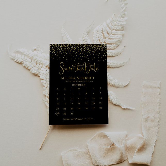Reserve A Data Dourada Confetti Boho Preto Guardar o Calendário d (Criador carregado)