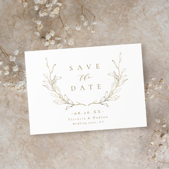 Reserve A Data Dourada e simples elegância folhas botânicas casam (Gold simple elegance botanical leaves wedding Save The Date)