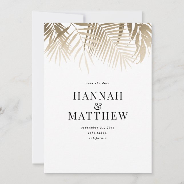 Reserve A Data Dourada folha de palma salvar a data do casamento (Frente)