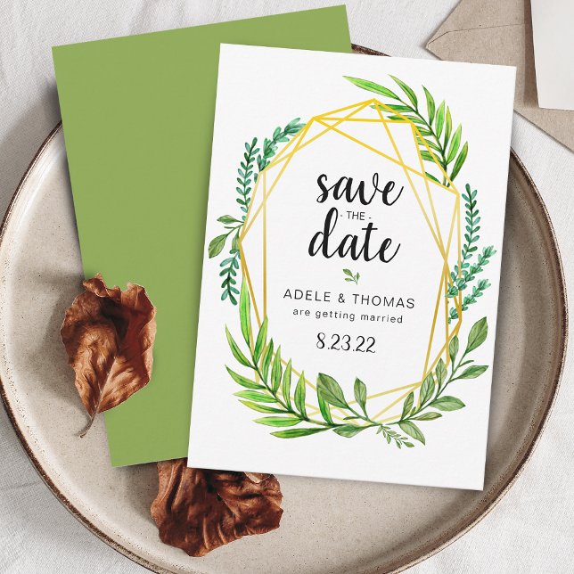 Reserve A Data Dourada Folhagem Geométrica Casamento Salve o Cart (Gold Geometric Foliage Wedding Save the Date Card)