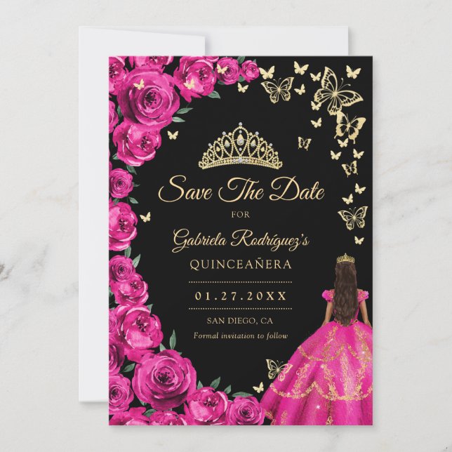 Reserve A Data Dourada Fuchsia Rosas Rosa Borboletas Quinceanera (Frente)