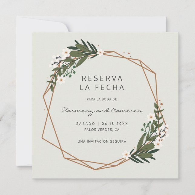 Reserve A Data Dourada Geométrica Greenery Boho Casamento espanho (Frente)