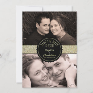 Reserve A Data Dourada Glitter & Black Modern Photo Salvar a Data