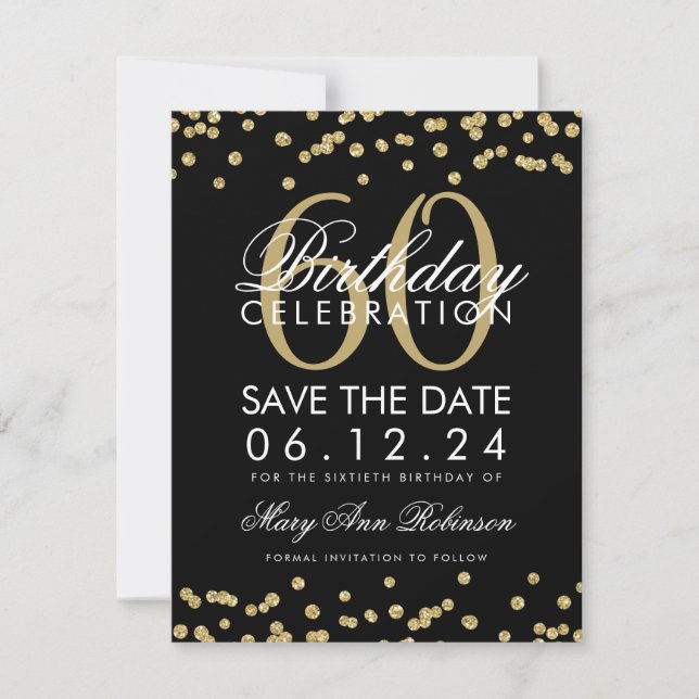 Reserve A Data Dourado Black 60th Birthday Save Date Confetti (Frente)