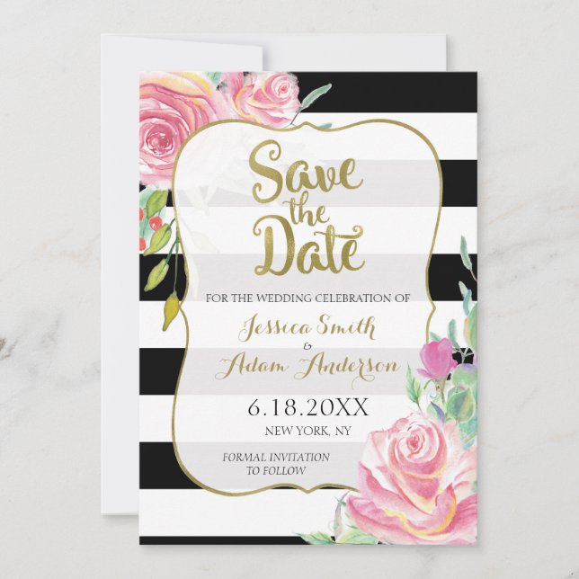 Reserve A Data Dourado, Black & White Stripes Floral Salvar a Dat (Frente)