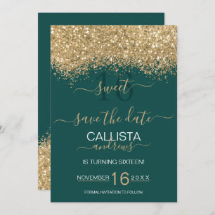Reserve A Data Dourado brilho verde moderno Confetti Sweet 16