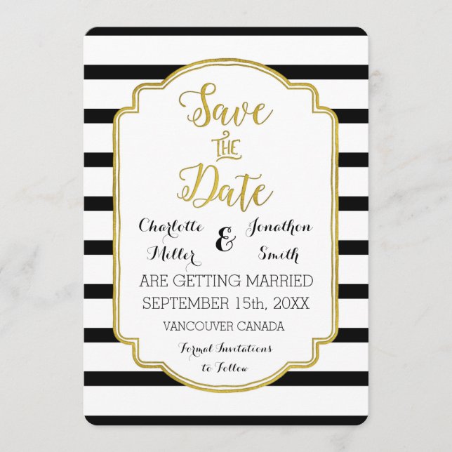Reserve A Data Dourado Casamento de Black White Stripes Salve a D (Frente)