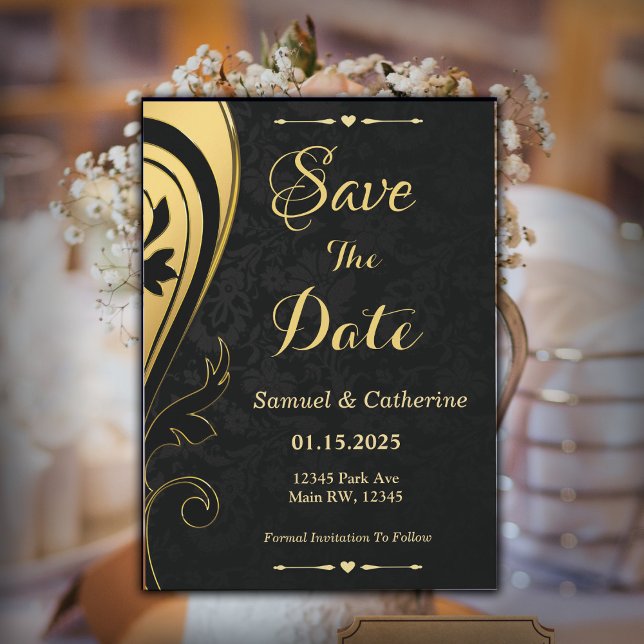 Reserve A Data Dourado Casamento Negro E Personalização De Aniver (Gold Black Save The Date Invite )