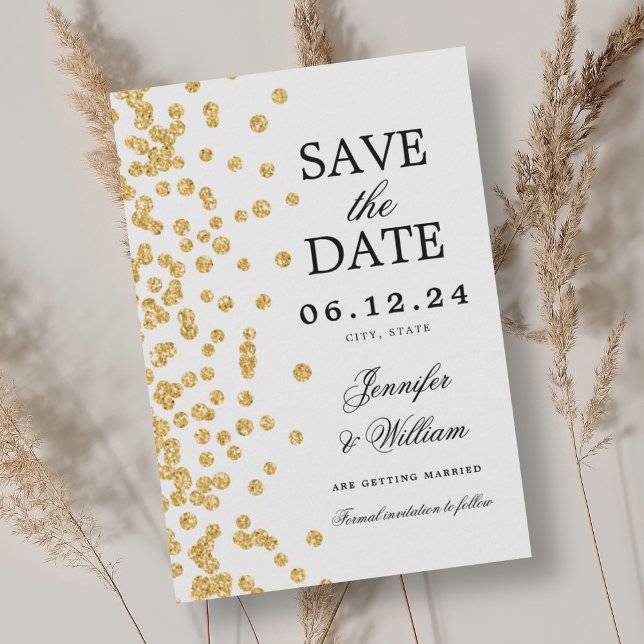 Reserve A Data Dourado Confetti de Casamento de Script Elegante (Elegant Script Wedding Gold Confetti Save The Date)