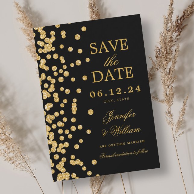 Reserve A Data Dourado Confetti Negro  de Casamento Elegante (Elegant Script Wedding Gold Confetti Black Save The Date)