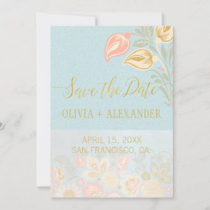 Reserve A Data Dourado Floral Pastel Rosa Bege Primavera Azul Cla