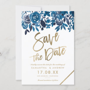 Reserve A Data Dourado marinho azul cor d'água floral salvar a d