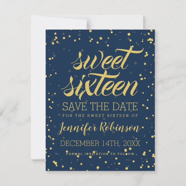 Reserve A Data Dourado Marinho Sweet 16 Save Date Glitter Confett (Frente)