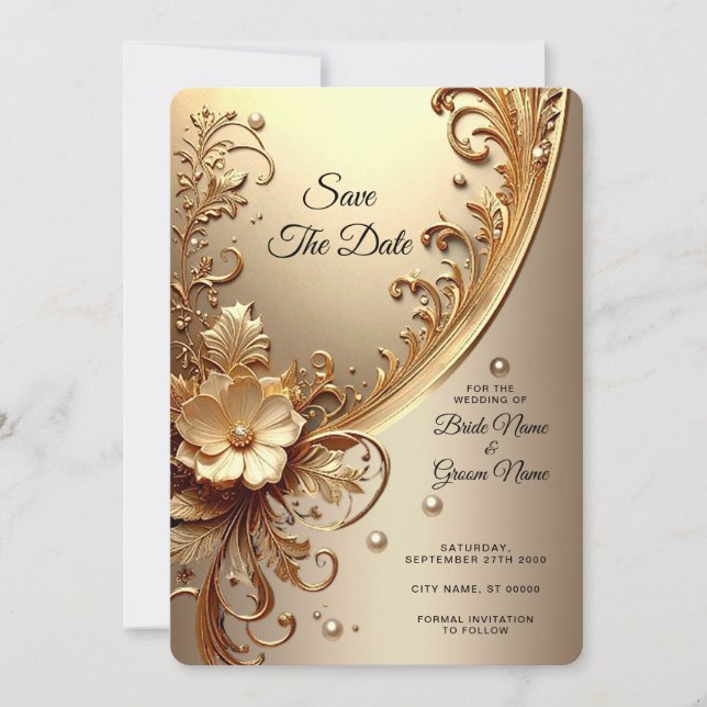Reserve A Data Dourado Ornado Floral Salve A Data (Frente)