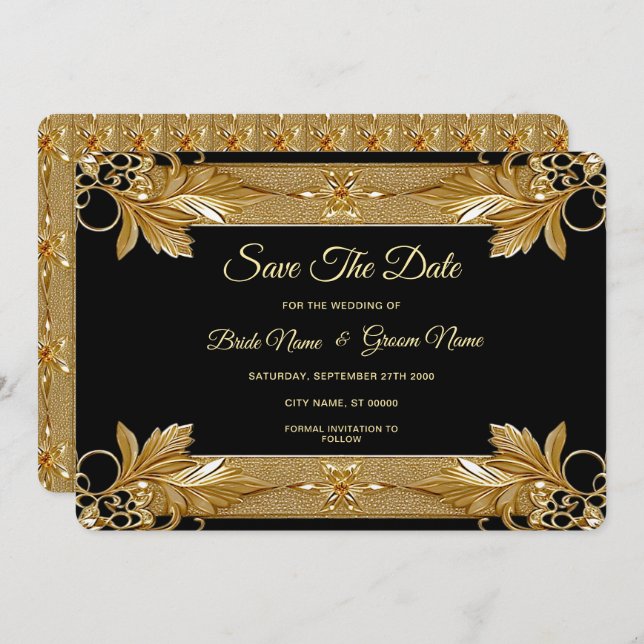Reserve A Data Dourado Ornamentado Preto Floral Salvar a Data (Frente/Verso)