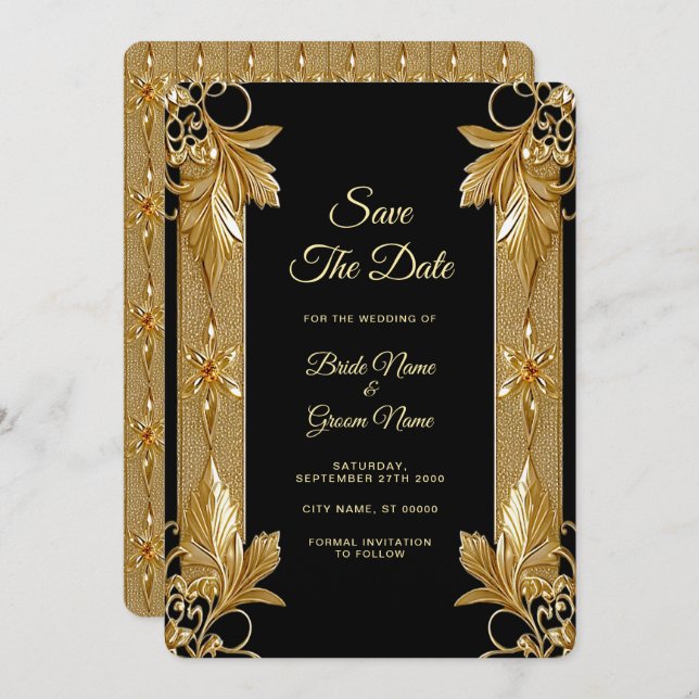 Reserve A Data Dourado Ornamentado Preto Floral Salvar a Data (Frente/Verso)