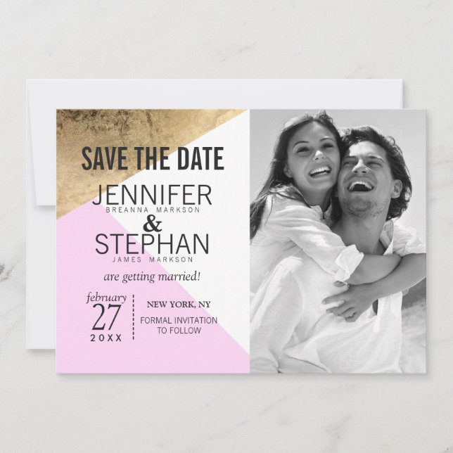 Reserve A Data Dourado Rosa Branco Triângulos Geo Save the Dates (Frente)