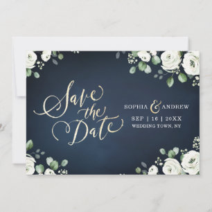 Reserve A Data Dourado script marinho azul branco floral salvar a