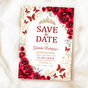 Reserve A Data Dourado Vermelho Floral Quinceanera