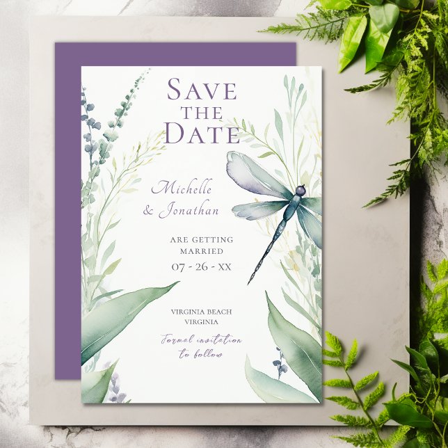 Reserve A Data Dragonfly bonito e Casamento Verde (Pretty Watercolor Dragonfly and Greenery Wedding Save The Date)