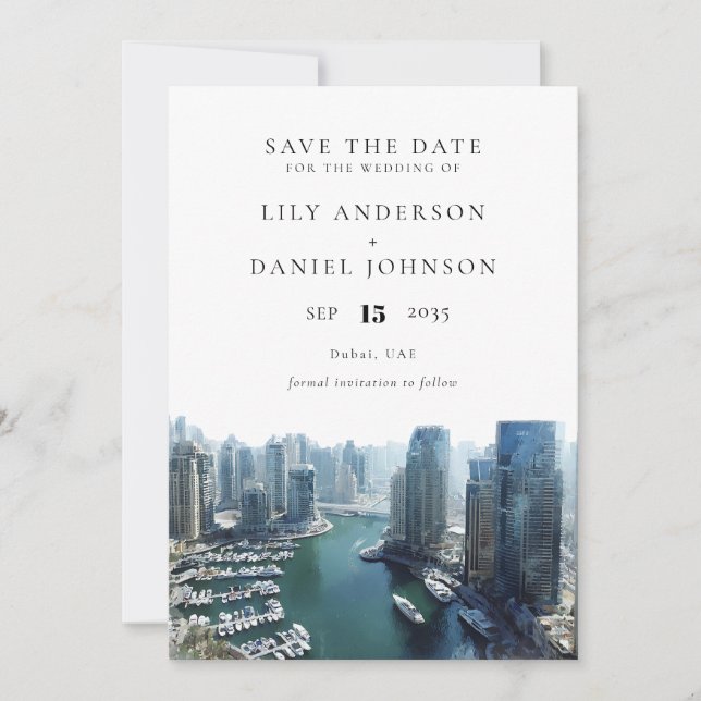 Reserve A Data Dubai Skyline Watercolor Elegant Wedding (Frente)
