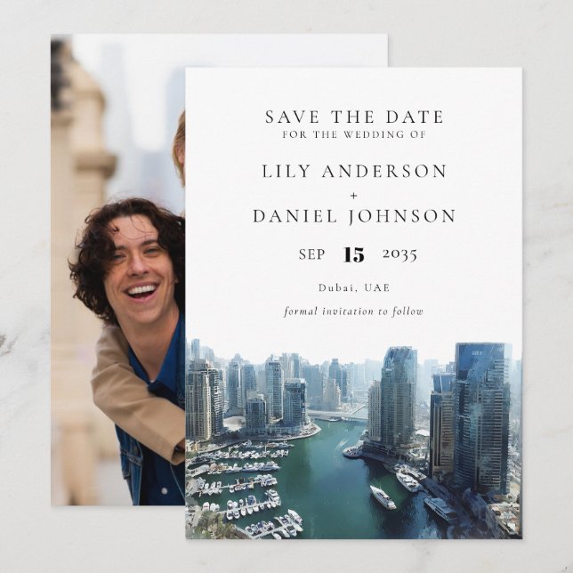 Reserve A Data Dubai Skyline Watercolor Photo Wedding (Frente/Verso)