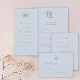 Reserve A Data Dupla Felicidade Casamento Azul e Chinês Dourado