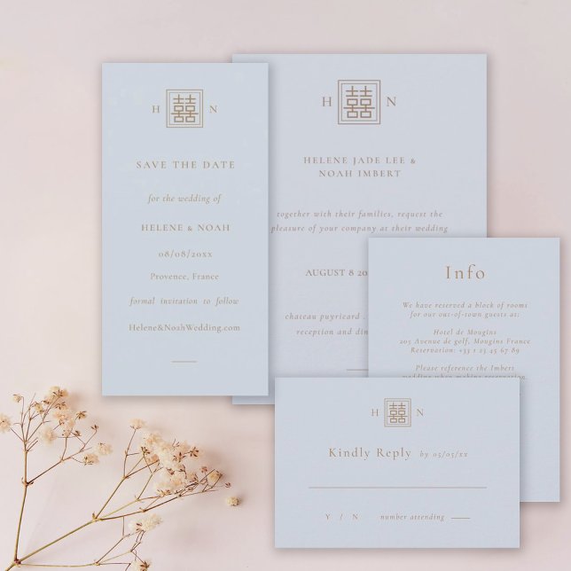 Reserve A Data Dupla Felicidade Casamento Azul e Chinês Dourado (Criador carregado)