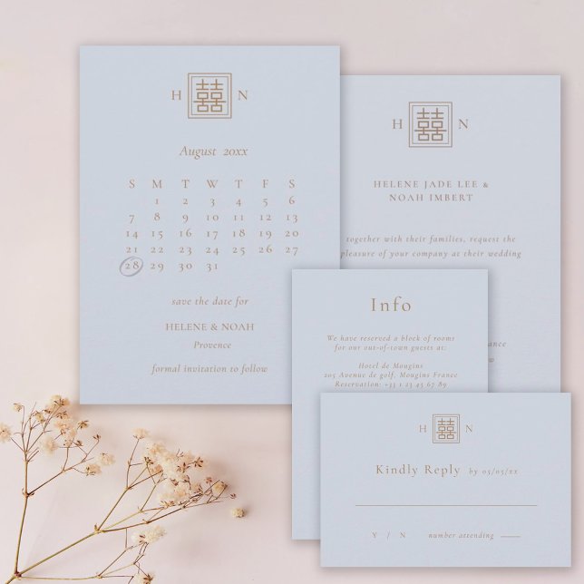 Reserve A Data Dupla Felicidade Casamento Azul e Chinês Dourado (Criador carregado)