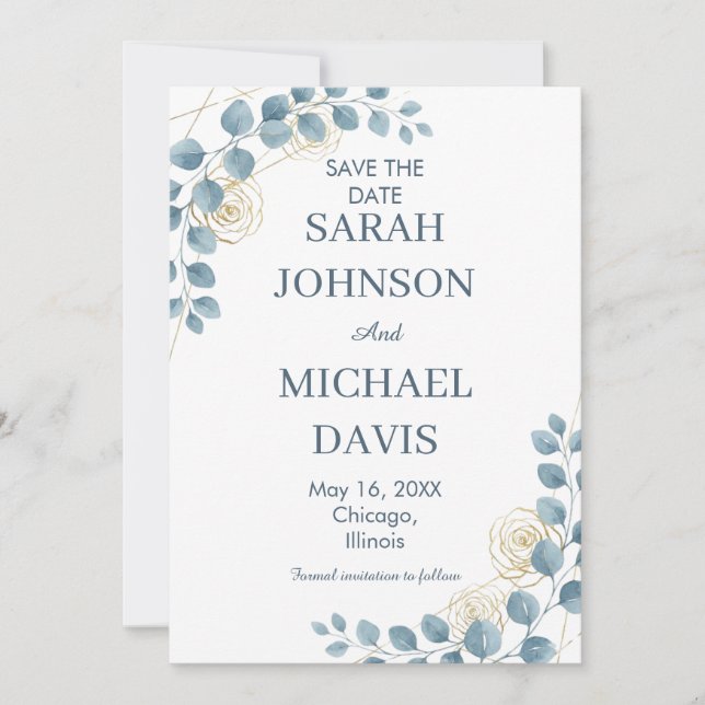 Reserve A Data Dusty Blue And Gold Floral Wedding (Frente)