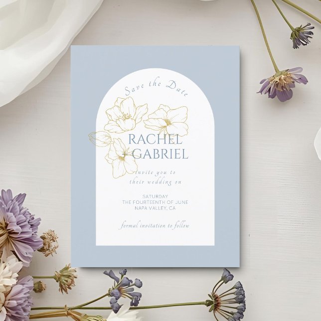 Reserve A Data Dusty Blue | Boho Arch Dourado Casamento Floral (Criador carregado)