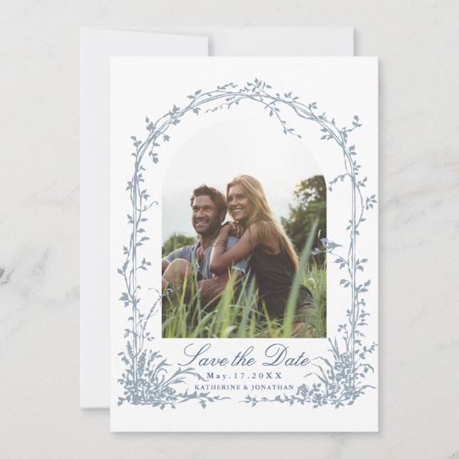 Reserve A Data Dusty Blue Botanical Arch Garden Wedding Photo (Frente)