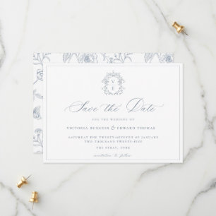 Reserve A Data Dusty Blue Crest Casamento Monograma