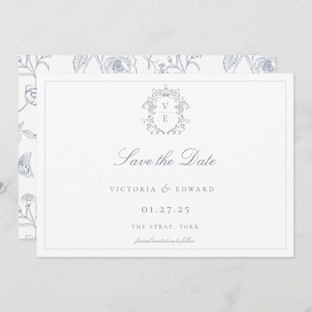 Reserve A Data Dusty Blue Crest Casamento Monograma (Frente/Verso)