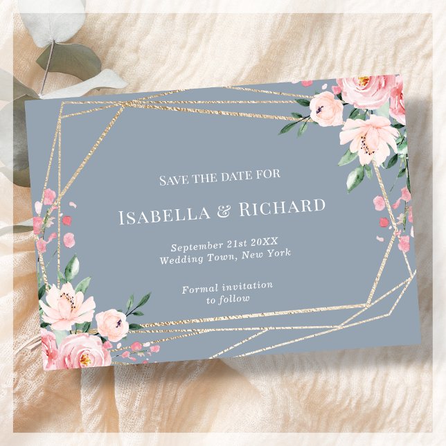 Reserve A Data Dusty Blue | DOURADO | Casamento Floral Rosa Esbra (Criador carregado)