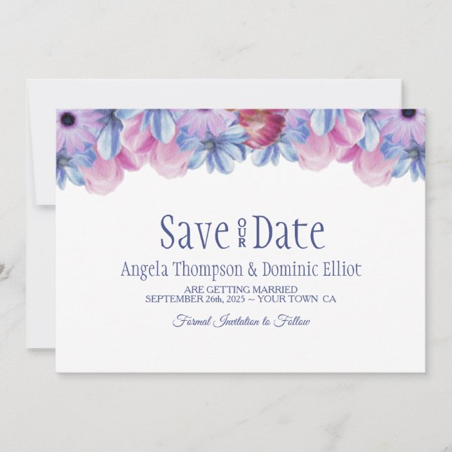 Reserve A Data Dusty Blue e Pink Floral Casamento Salvar a Data (Frente)