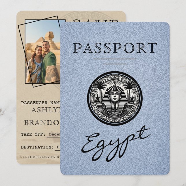 Reserve A Data Dusty Blue Egypt Passport Wedding Save the Date (Frente/Verso)